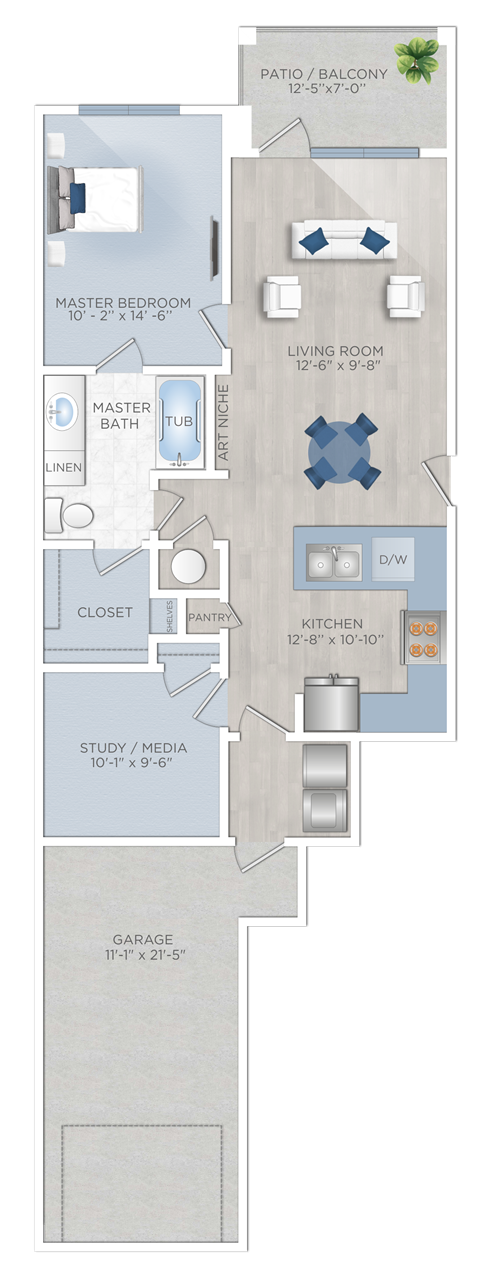 Floor plan for 1 bed, 1 bath, 926 sqft